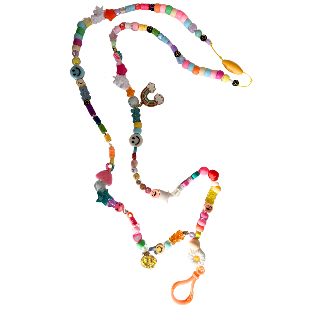 Nostalgic 90's beaded lanyard for teachers on white background, full length view with colorful retro beads.