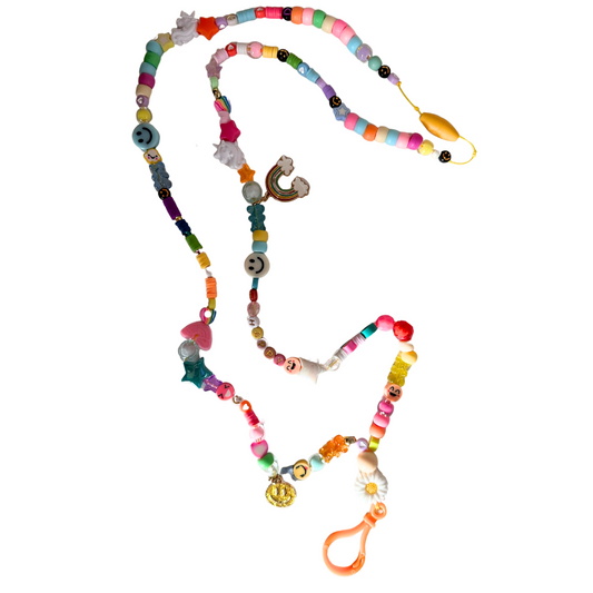 Nostalgic 90's beaded lanyard for teachers on white background, full length view with colorful retro beads.
