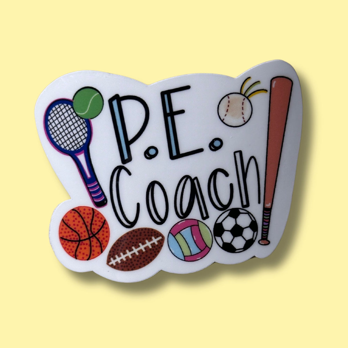 A die-cut white sticker with the word “P.E. Coach” on Yellow Background