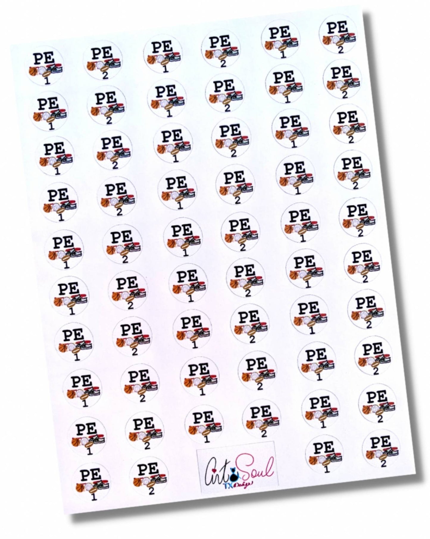 P.E. rotation schedule planner stickers sheet showing Day 1 and Day 2 versions for teacher planners