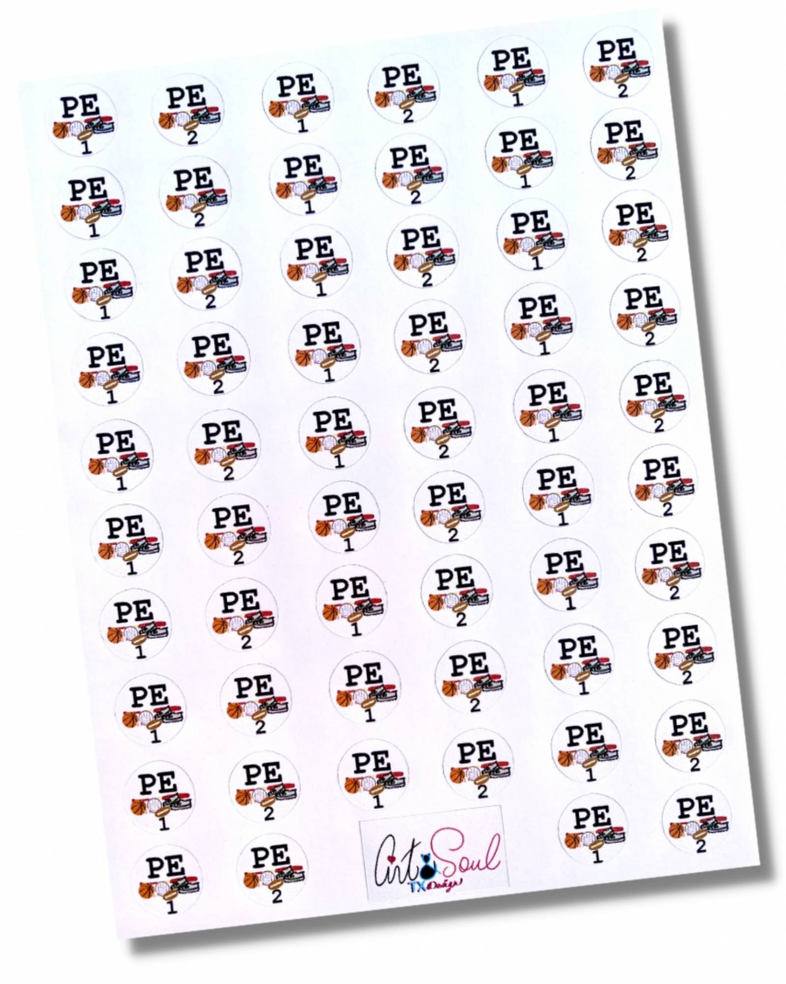 P.E. rotation schedule planner stickers sheet showing Day 1 and Day 2 versions for teacher planners