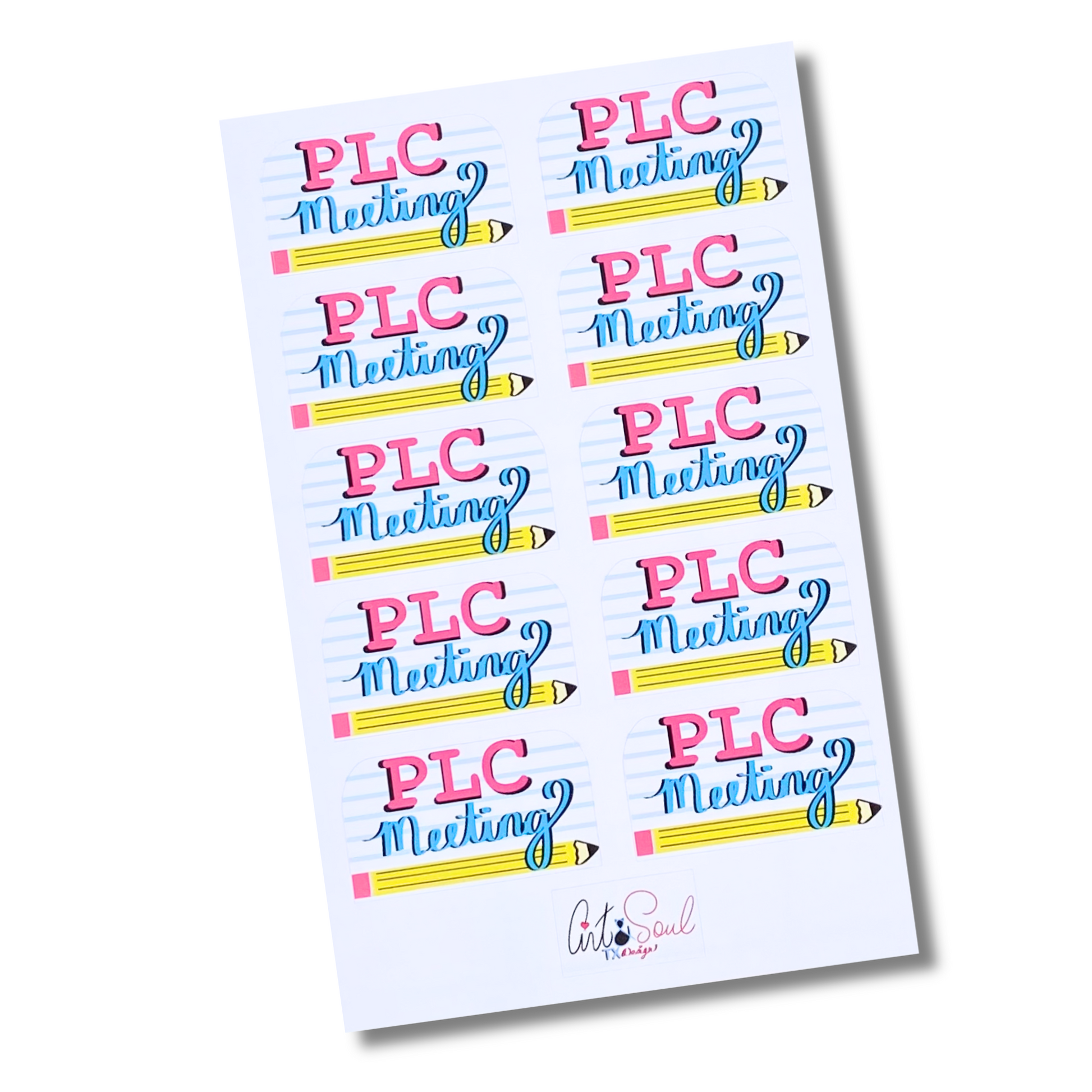 PLC Meeting planner stickers sheet with pencil and lined paper design, hand-drawn teacher stickers, 10 per sheet.