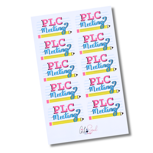 PLC Meeting planner stickers sheet with pencil and lined paper design, hand-drawn teacher stickers, 10 per sheet.