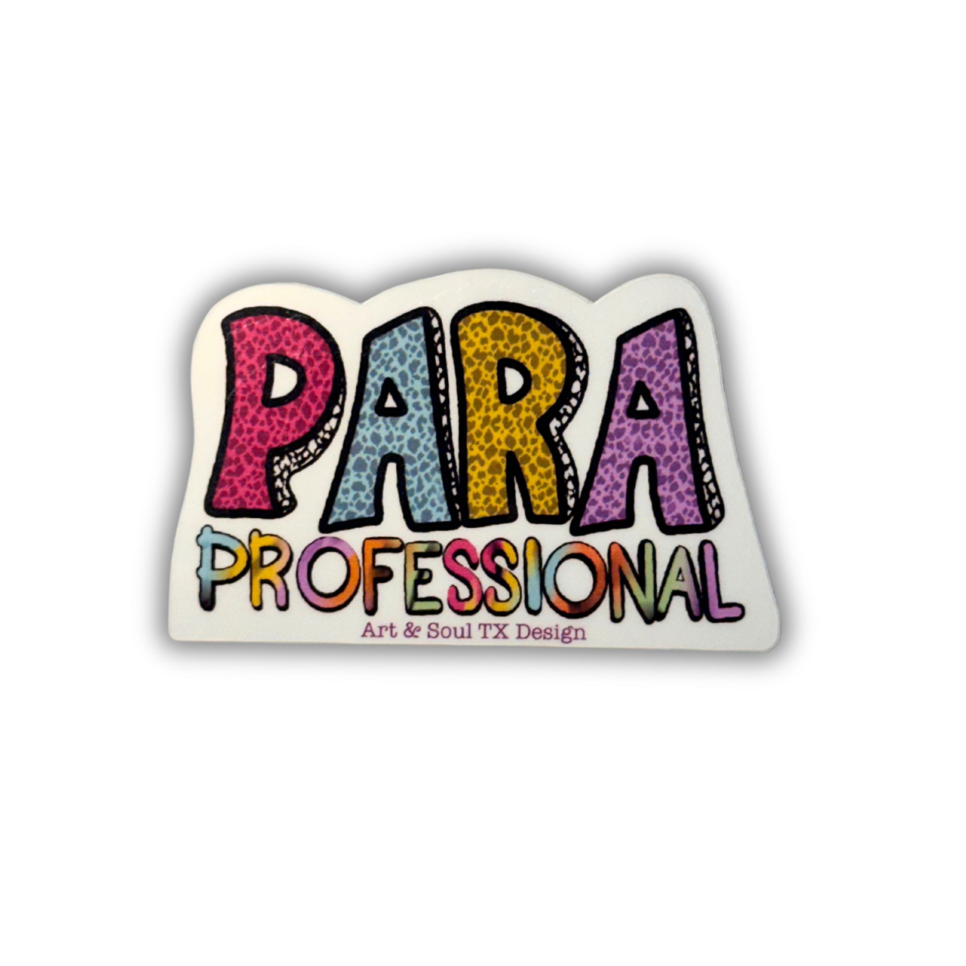 Close-up of Para Professional waterproof vinyl sticker on white background, showing bold leopard print font with PARA and Professional text.