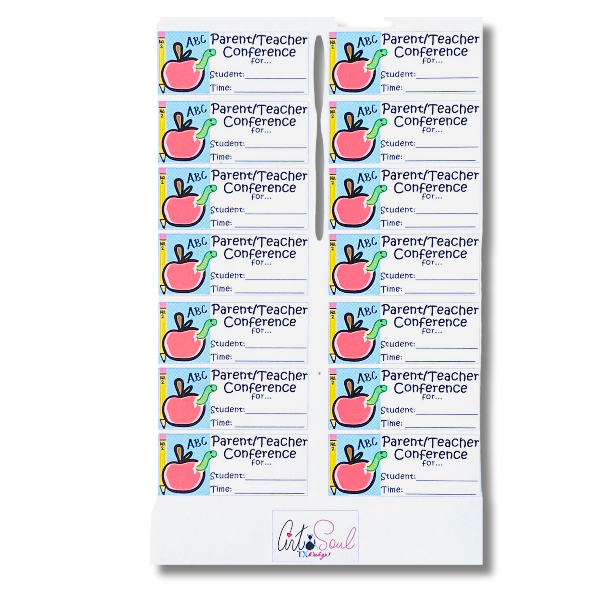 Full sheet of 14 parent-teacher conference planner stickers on white background, showing apple design with blank lines for student name and time.
