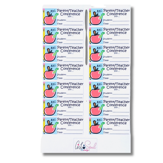 Full sheet of 14 parent-teacher conference planner stickers on white background, showing apple design with blank lines for student name and time.
