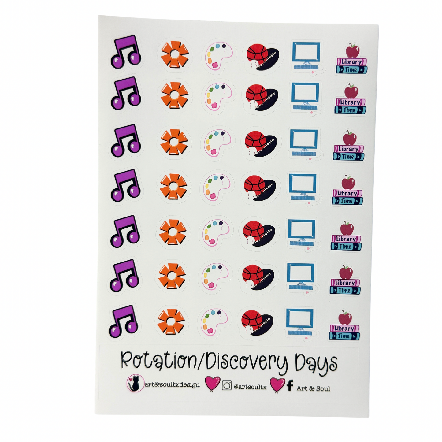Teacher rotation planner stickers color-coded for music, STEM, art, PE, computer tech, and library specialist classes.