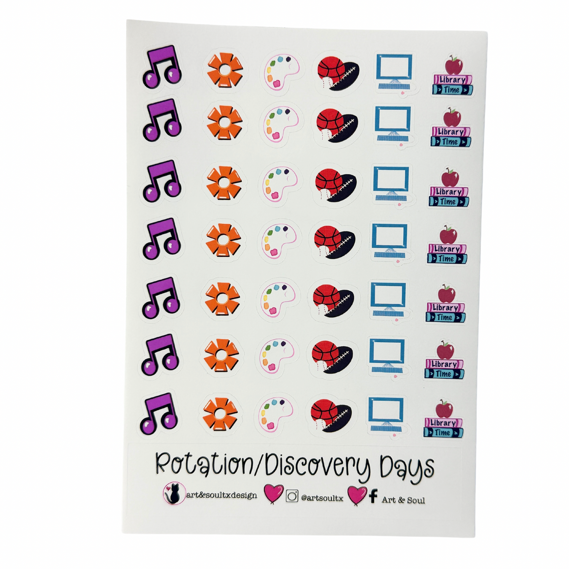 Teacher rotation planner stickers color-coded for music, STEM, art, PE, computer tech, and library specialist classes.