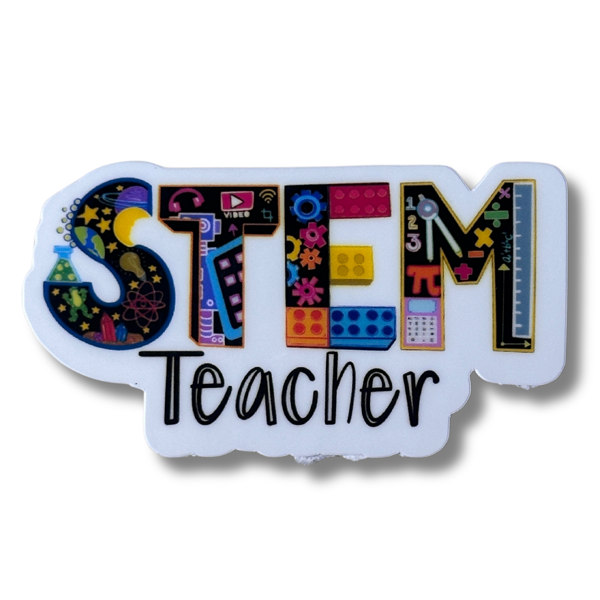 Close-up of STEM teacher waterproof vinyl sticker on white background, showing beakers, astronomy symbols, robot, Legos, gears, and math symbol illustrations.