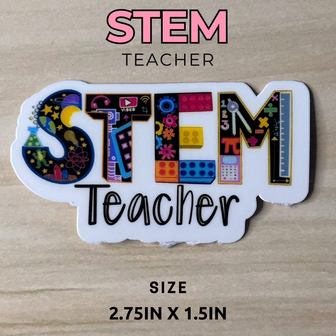STEM teacher vinyl sticker with size callout showing 2.75 inches by 1.5 inches dimensions.