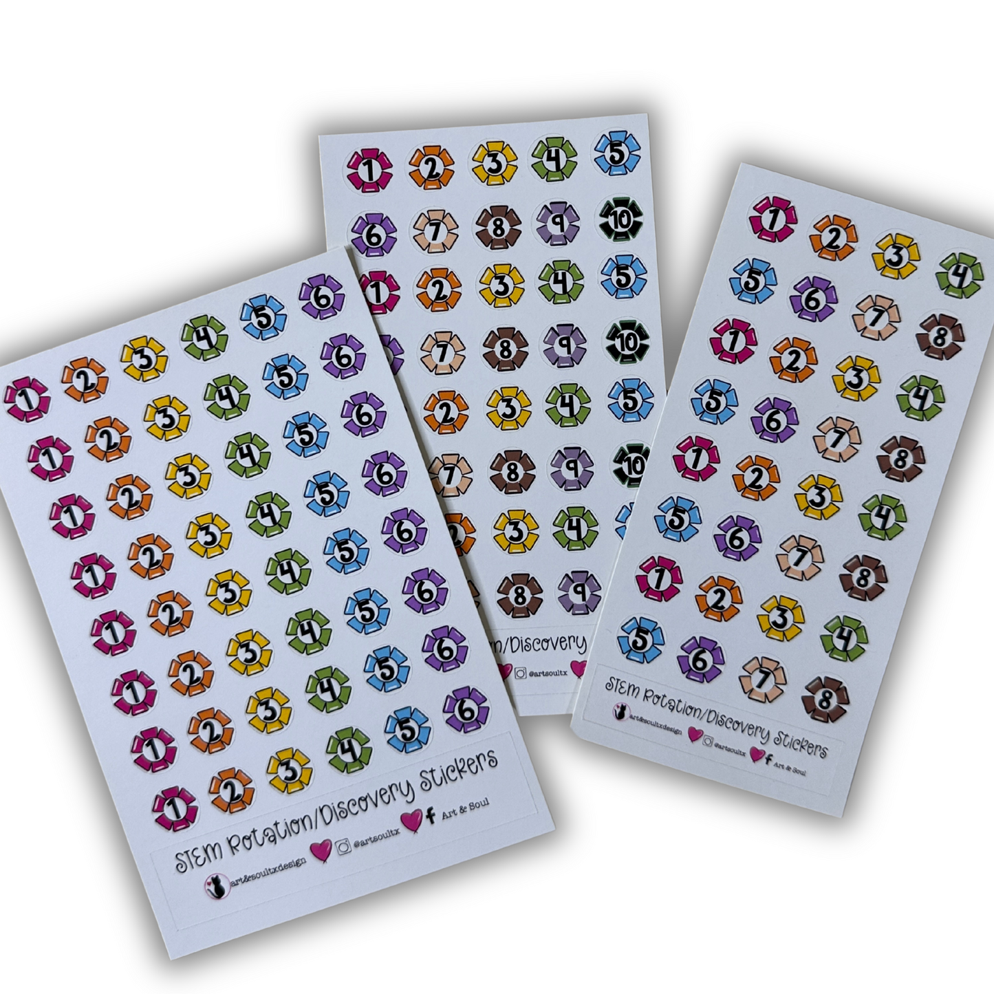 STEM rotation planner stickers with colorful gears showing 6-day, 8-day, and 10-day rotation options for teachers.