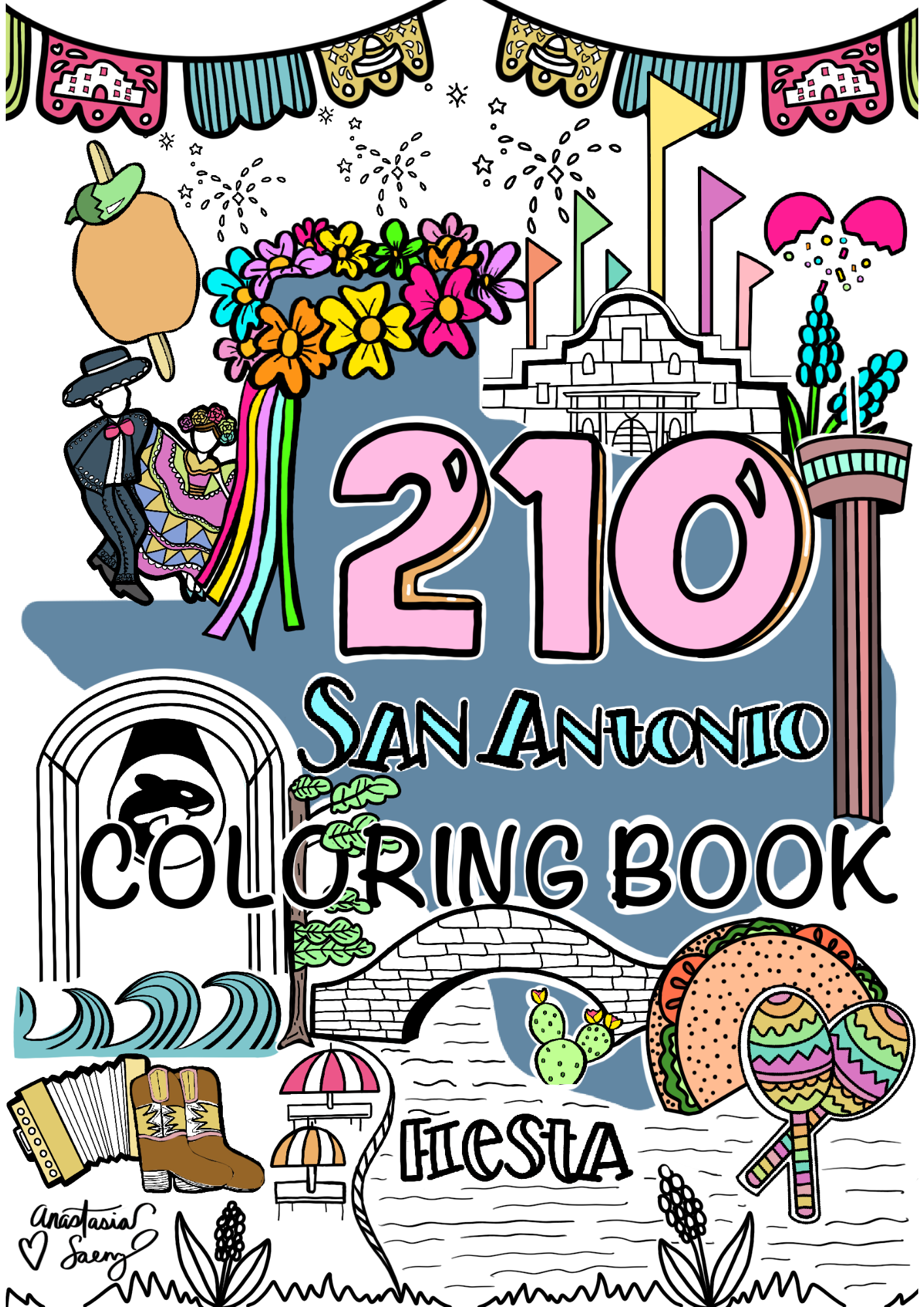 Close-up of 210 San Antonio coloring book showing hand-drawn Alamo and Fiesta celebration artwork.