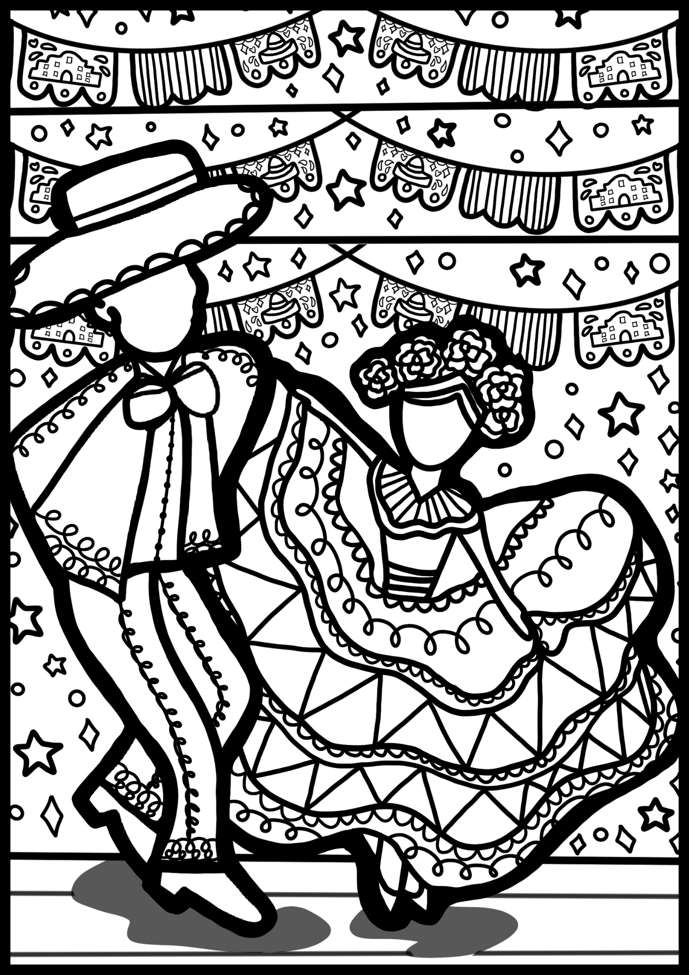 Mariachi dancer in sombrero and woman in traditional dress dancing coloring page showcasing the local culture.
