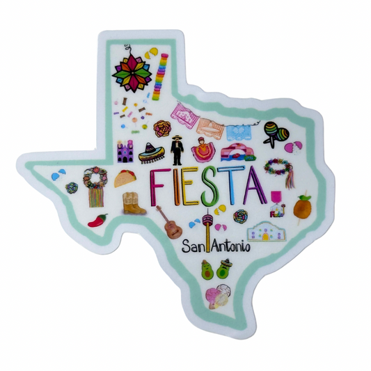 A colorful sticker in the shape of Texas featuring Alamo, mariachi dancers, North Star boots, chicken on a stick.