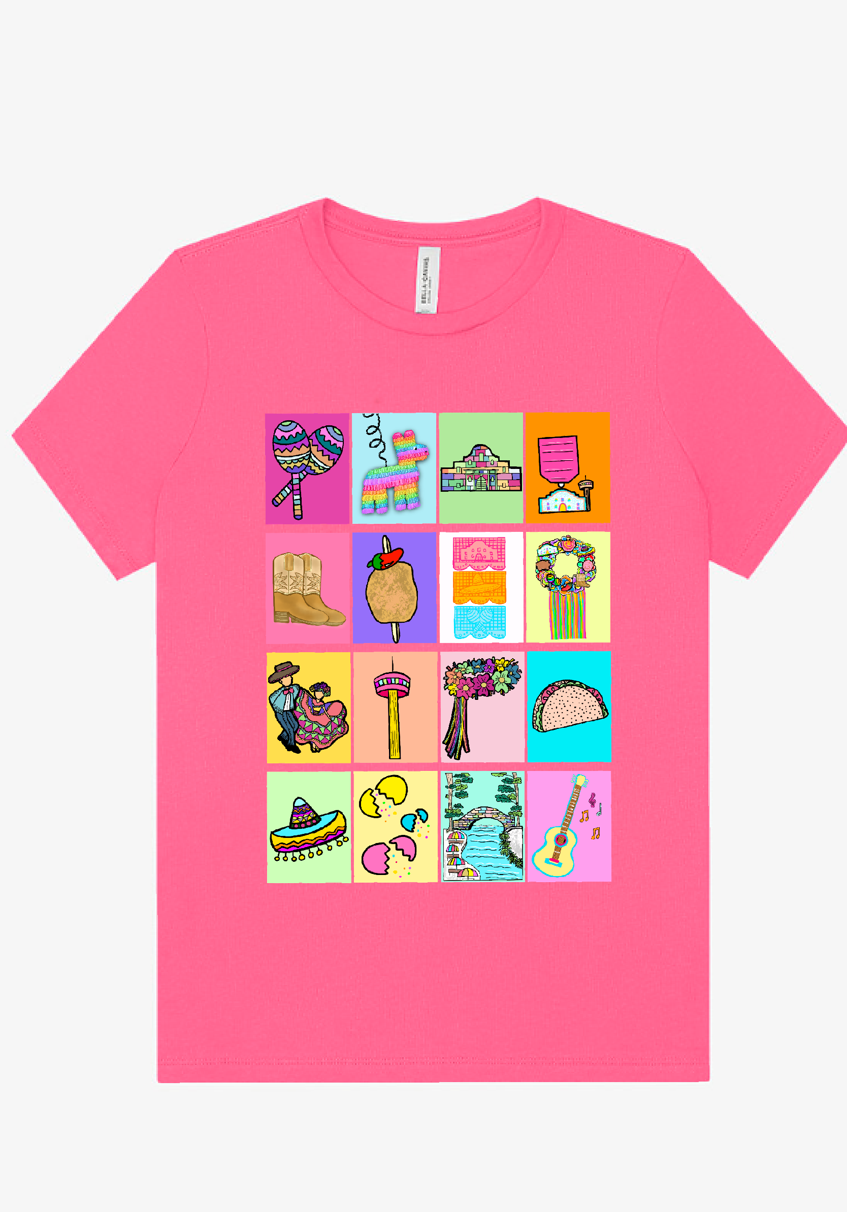 Pink Fiesta San Antonio Lotería T-shirt featuring colorful Mexican lotería card designs with San Antonio landmarks and symbols.