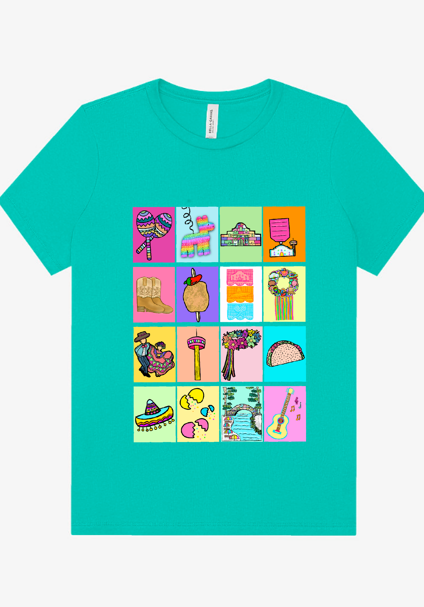 Turquoise Fiesta San Antonio Lotería T-shirt with vibrant lotería card illustrations of the Alamo, River Walk, and Fiesta elements.