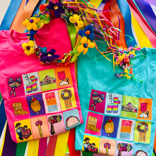 Front view of San Antonio Lotería shirt displaying colorful Mexican-inspired artwork and traditional lotería card designs.