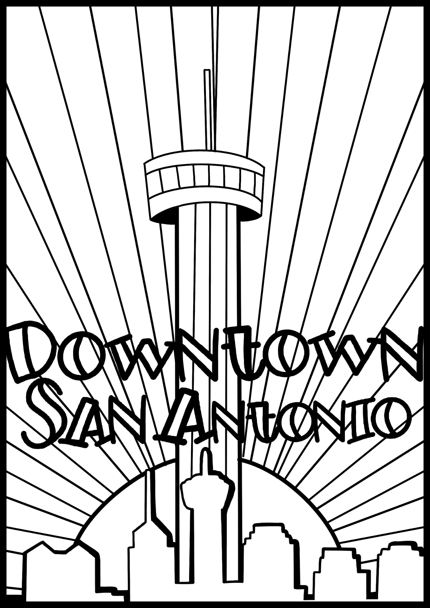 Tower of Americas and downtown San Antonio skyline coloring page from 210 coloring book.