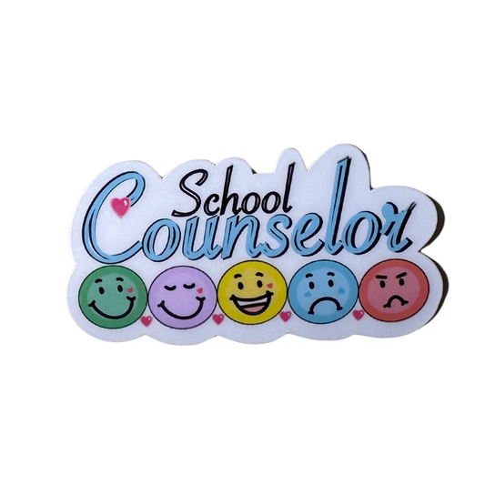 lose-up of School Counselor waterproof vinyl sticker on white background, showing cute lettering and smiley faces displaying different emotions.