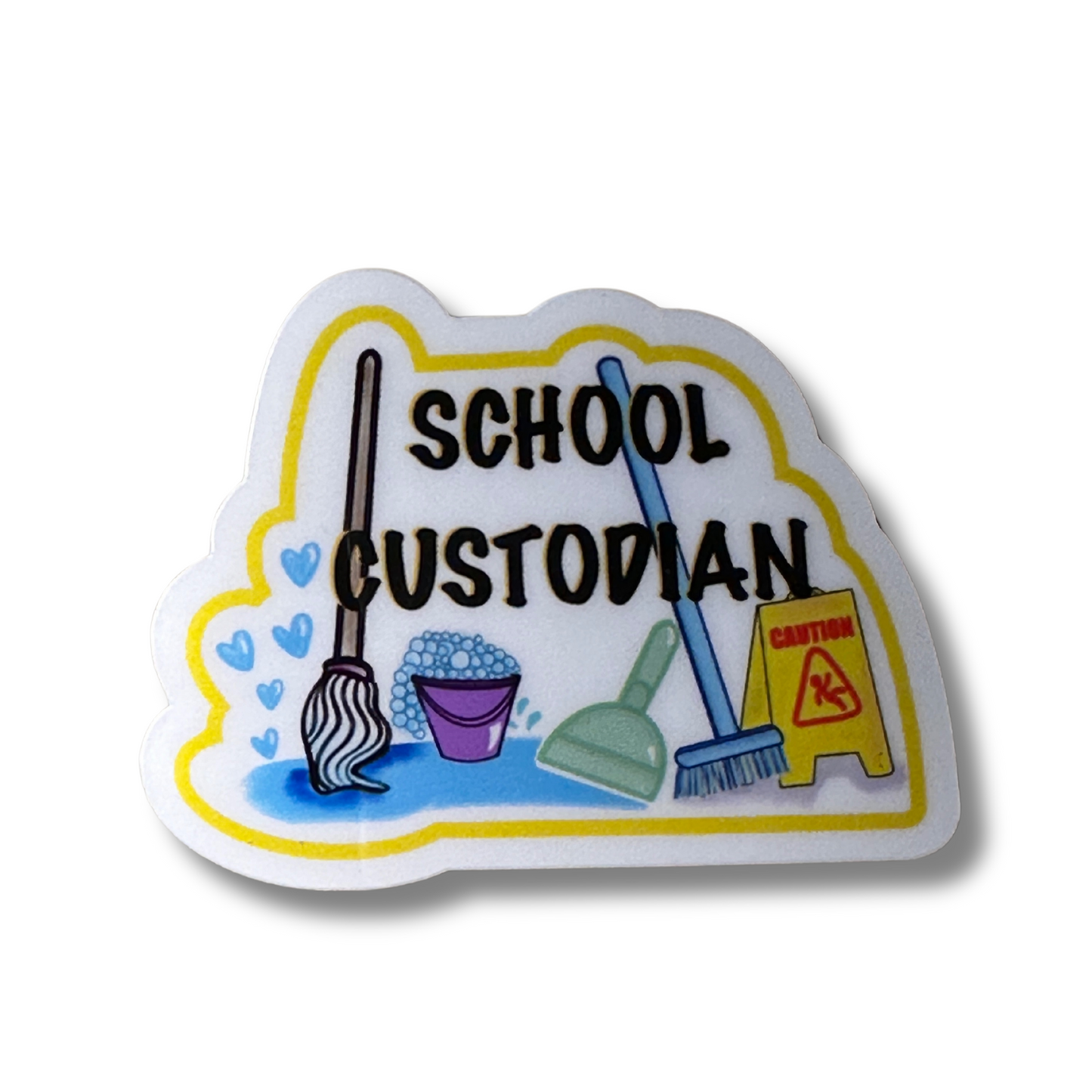 Close-up of School Custodian waterproof vinyl sticker on white background, showing bold text with mop, bucket, dustpan, and caution sign illustrations.