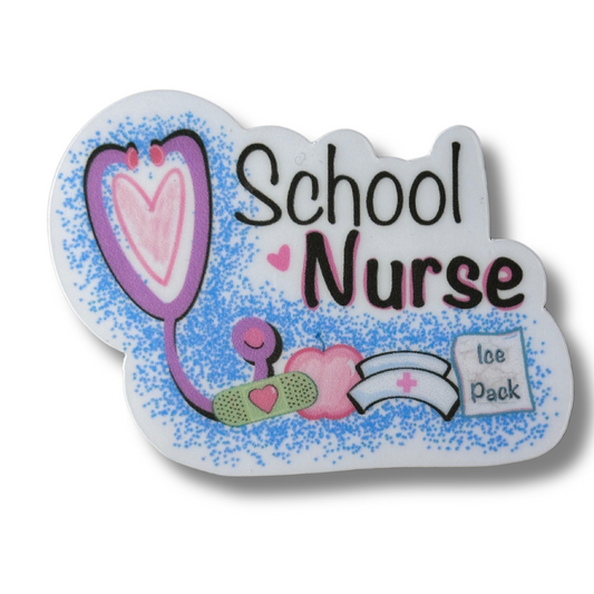 Close-up of School Nurse waterproof vinyl sticker on white background, showing stethoscope, nurse hat, apple, and "School Nurse" text illustration.