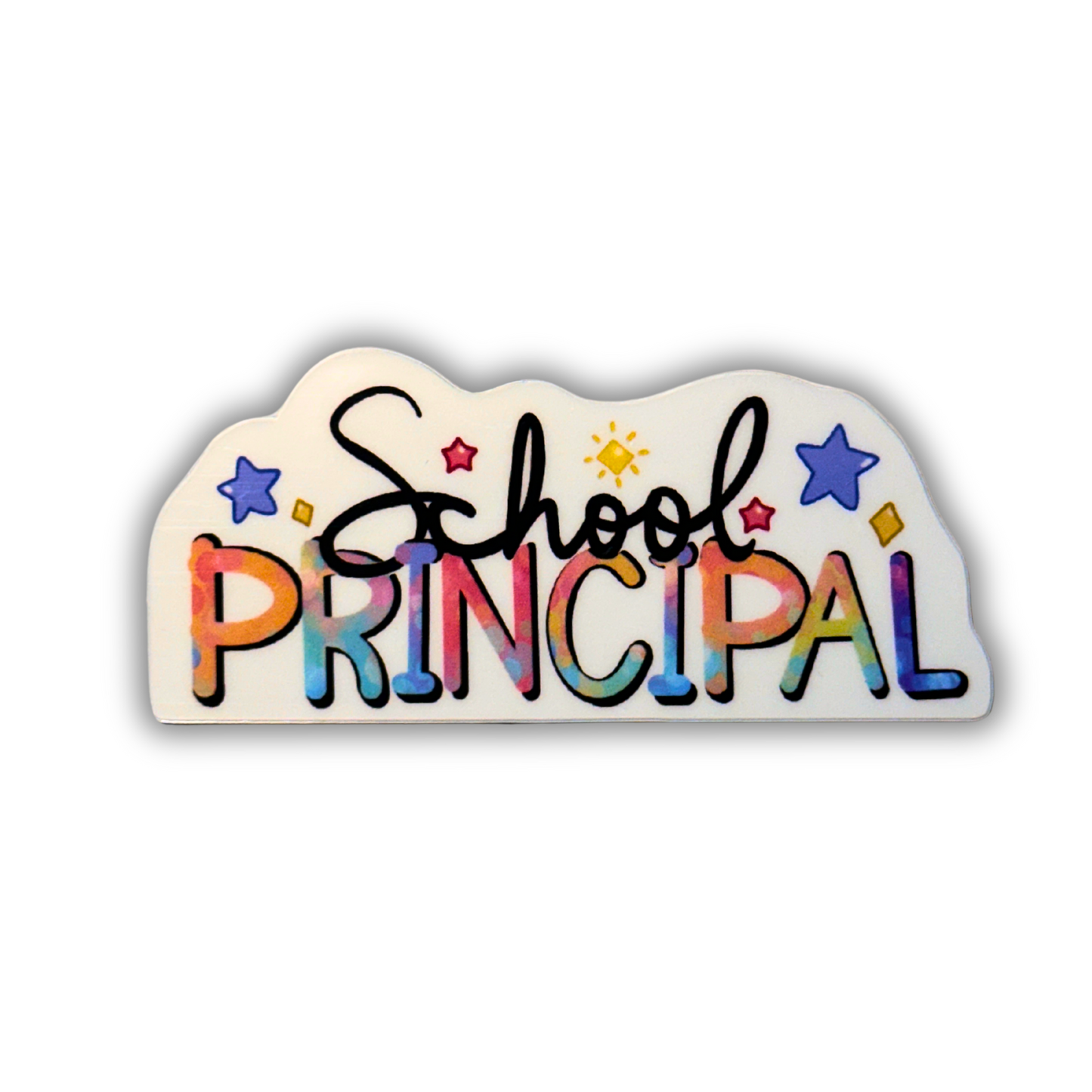 Close-up of School Principal waterproof vinyl sticker on white background, showing colorful rainbow font and bright colorful stars illustration.