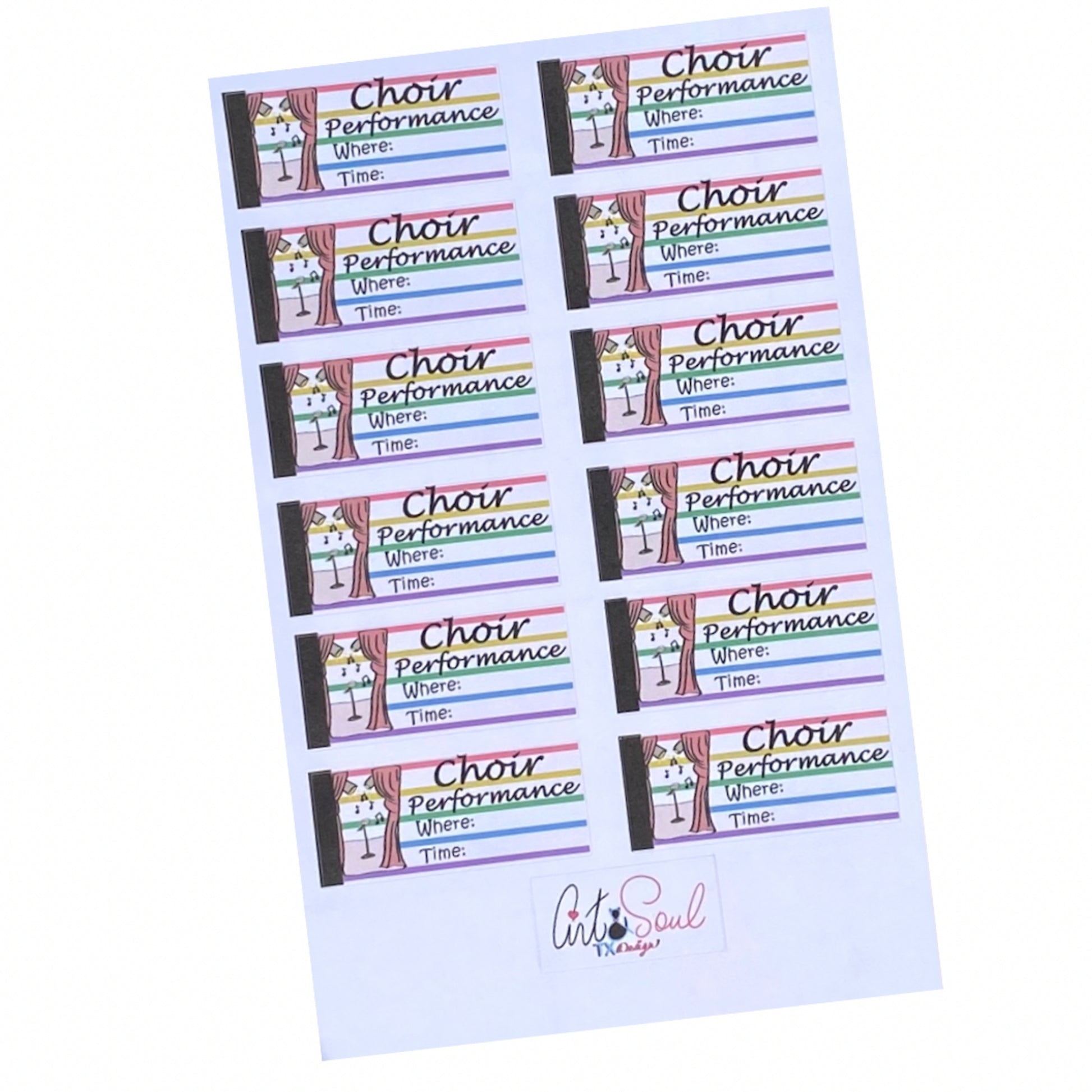 Colorful choir performance planner stickers with music lines, stage design, and time and location tracking fields.