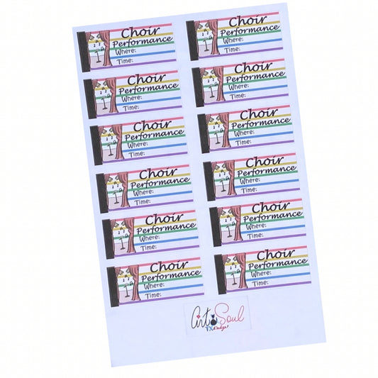 Colorful choir performance planner stickers with music lines, stage design, and time and location tracking fields.