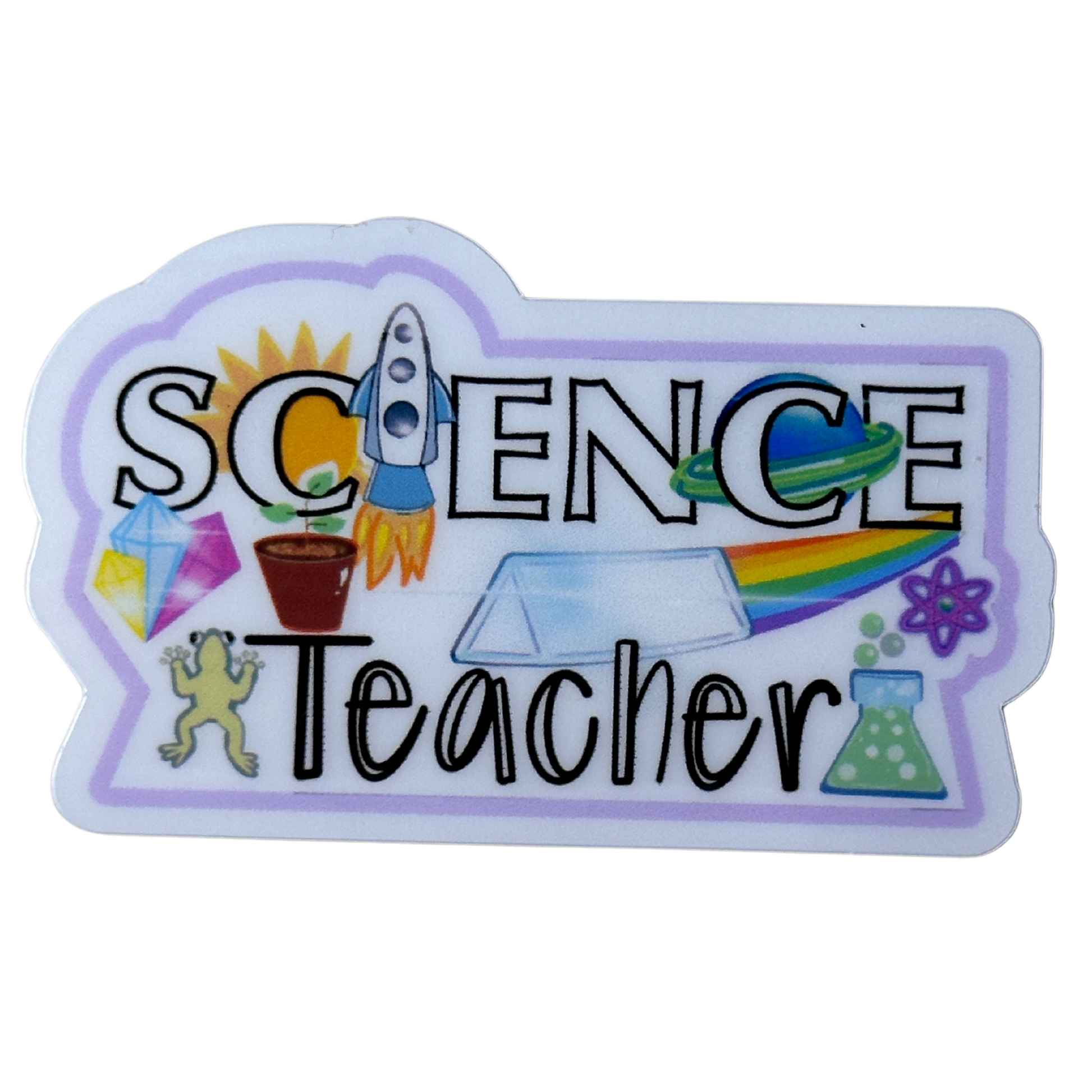 Close-up of Science Teacher waterproof vinyl sticker on white background, showing bold text with rockets, beakers, frog, planet, and gem illustrations.