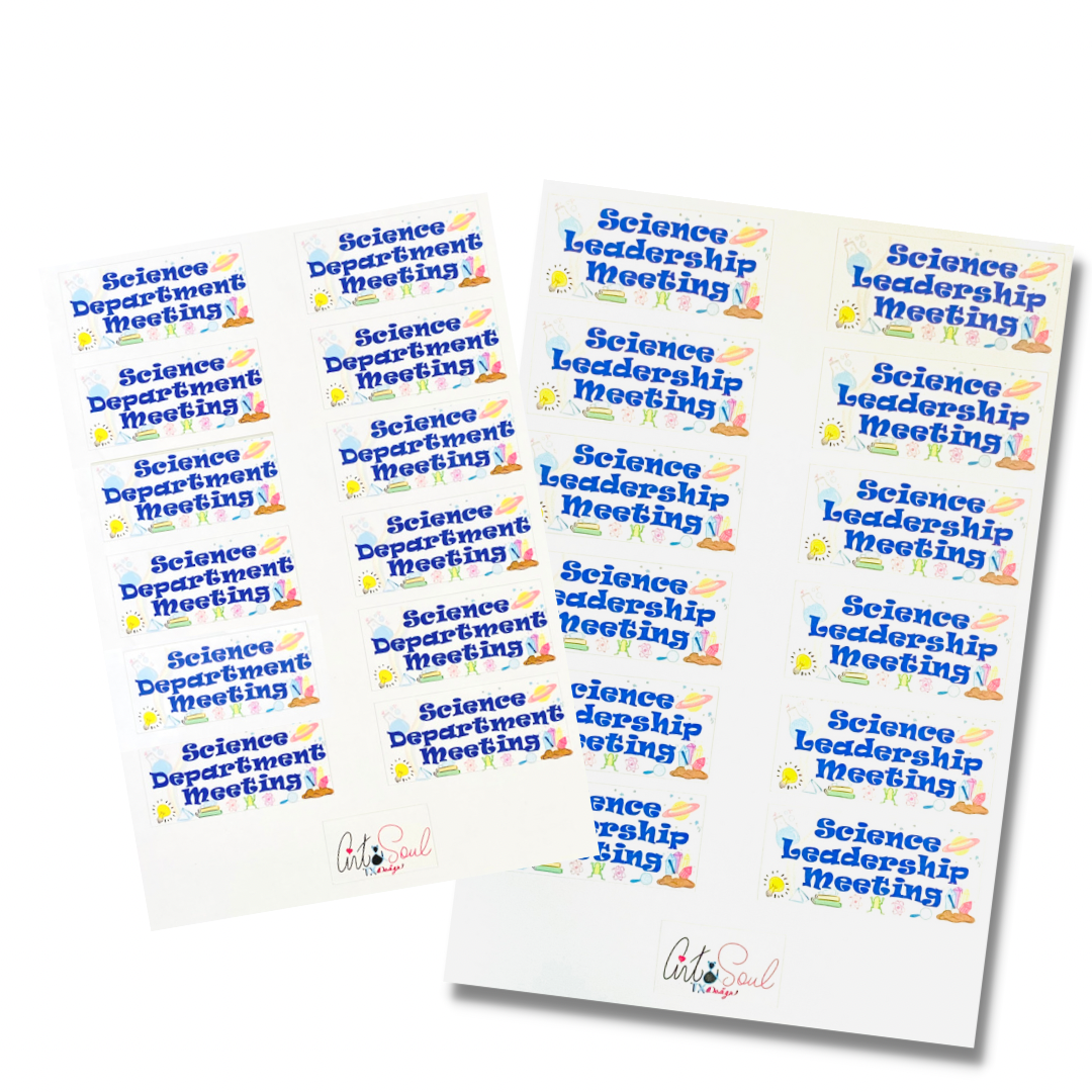 Two sheets of stickers with 'Science Department Meeting' and 'Science Leadership Meeting' text in blue, along with decorative elements like stars and molecules.