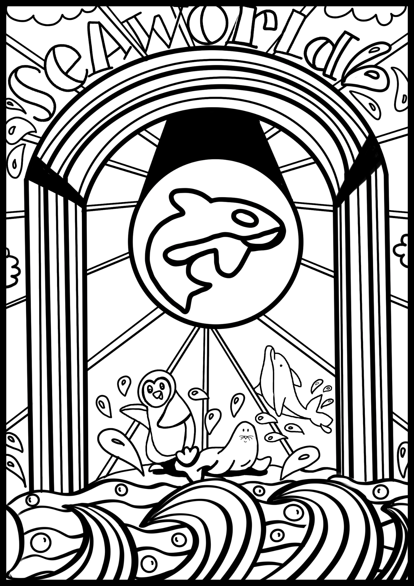 SeaWorld entrance with jumping Shamu whale, dancing penguins, seals, and dolphins coloring page.