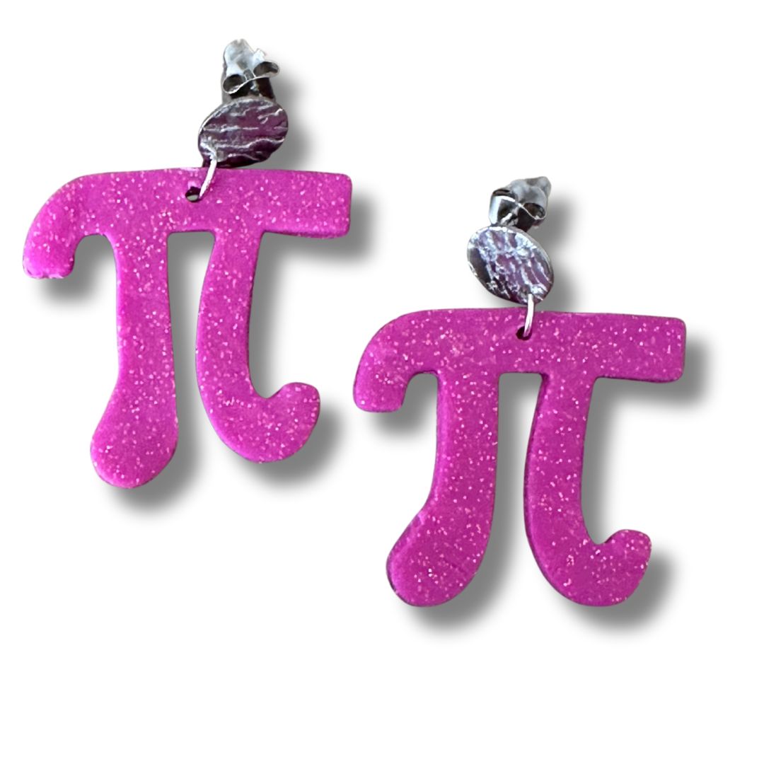 Just a simple pink 'Pi' symbol earrings with stainless steal earring studs on a white background.