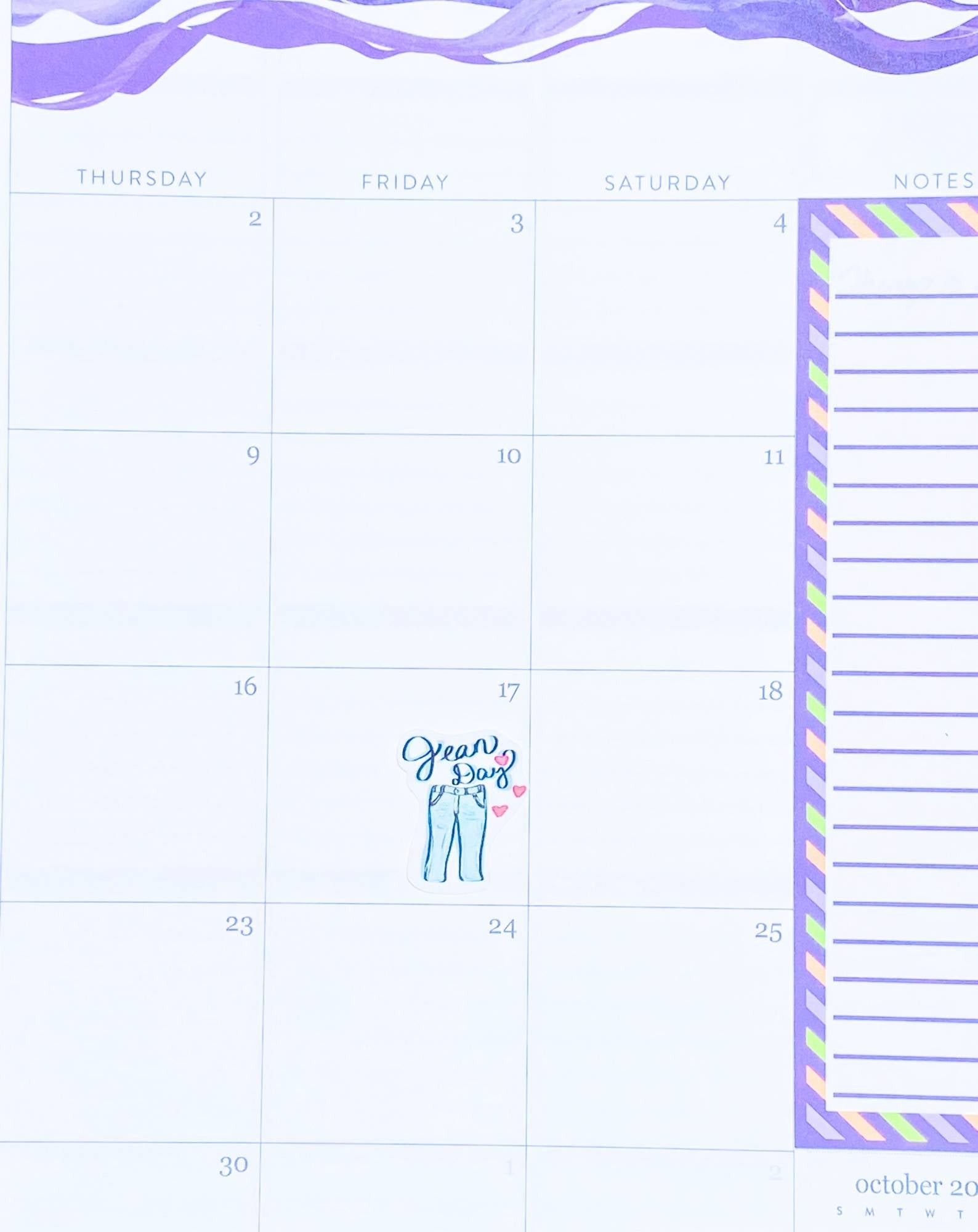 Single Jean Day sticker in teacher planner box showing 1x1.25 inch size comparison.