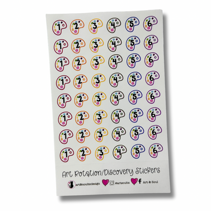 A six day rotation schedule planner sticker sheet.  There sheet has eight weeks worth of stickers on each six day rotation sheet.