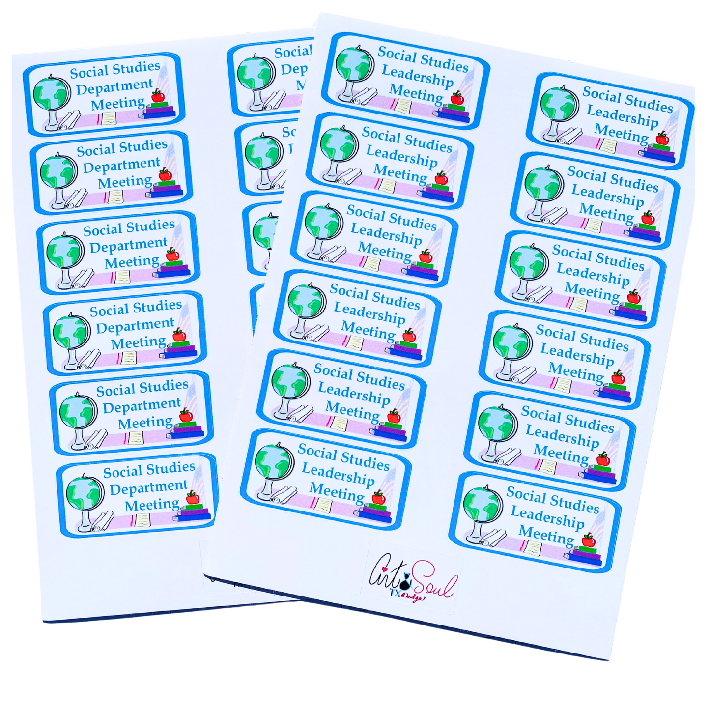 Social studies meeting planner stickers showing leadership and department meeting options with globe, books, and apple design.