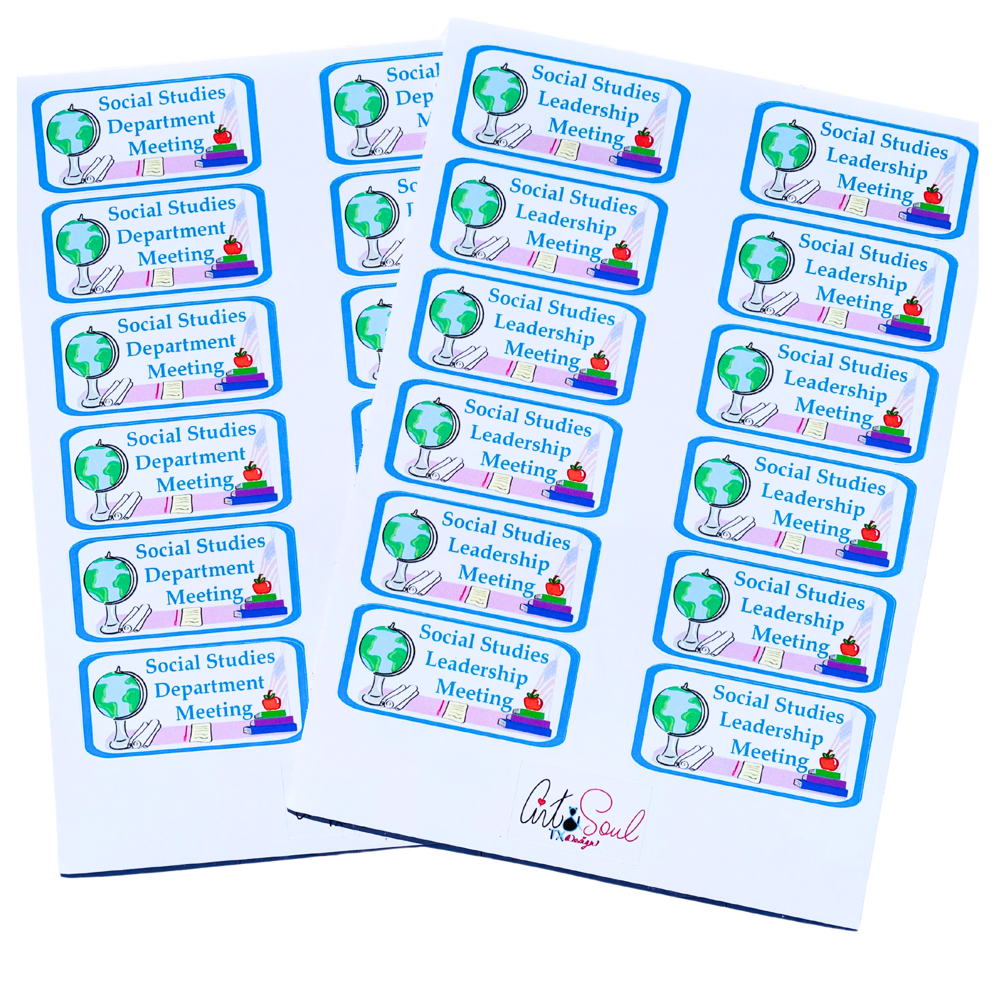 Social studies meeting planner stickers showing leadership and department meeting options with globe, books, and apple design.