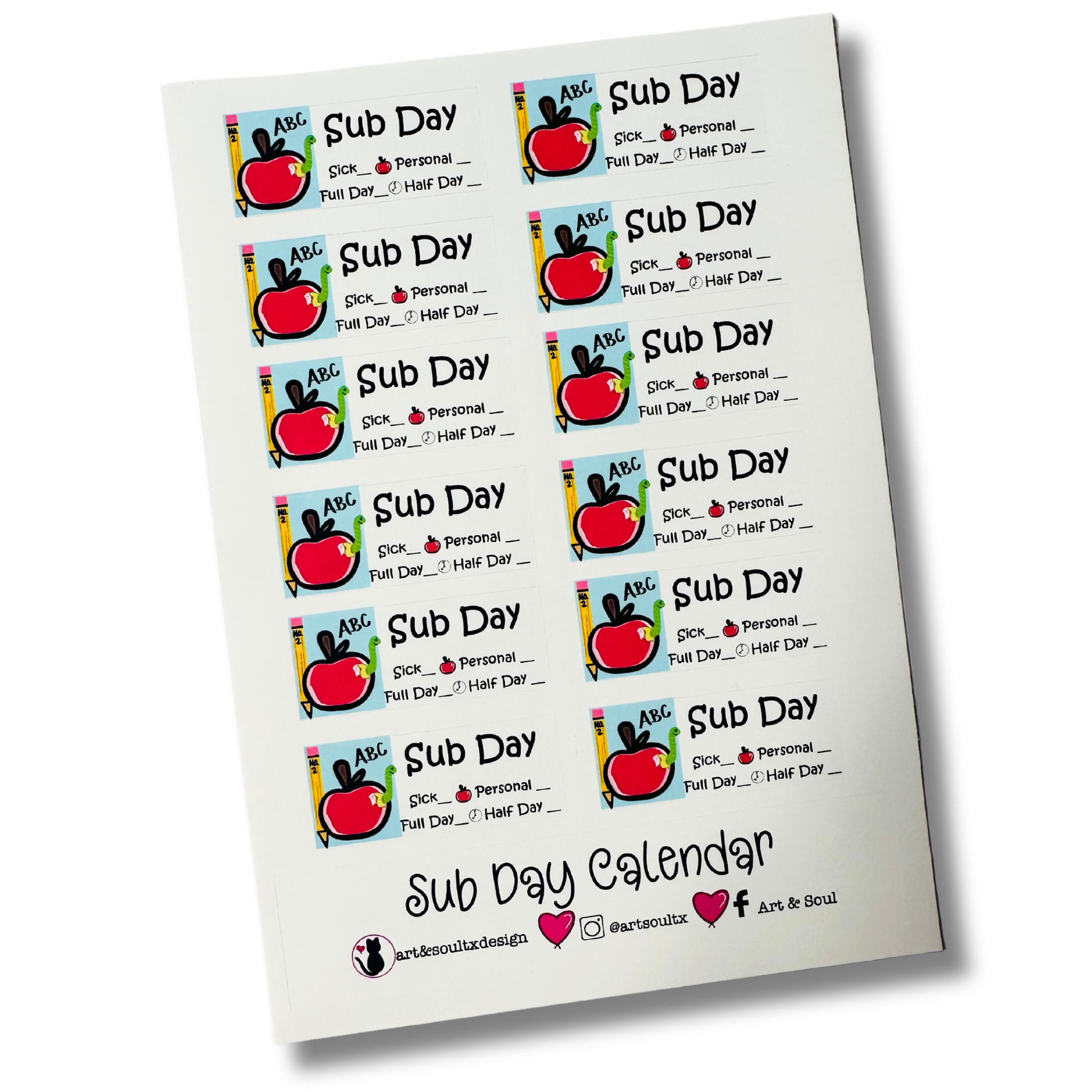 Sub day planner sticker sheet with apple design showing sick and personal day options for full or half days.