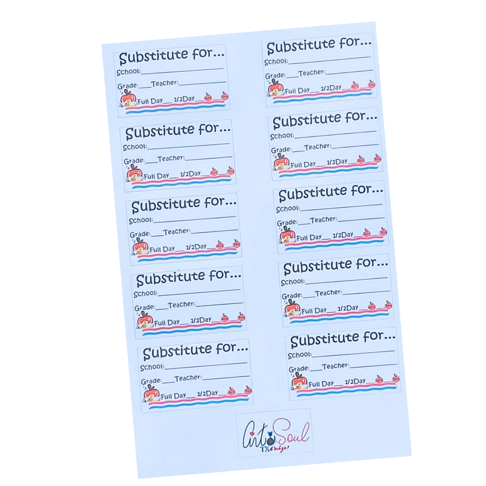 Substitute teacher planner stickers with apple design on white background - write-in format for school, teacher, and grade.