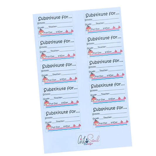 Substitute teacher planner stickers with apple design on white background - write-in format for school, teacher, and grade.