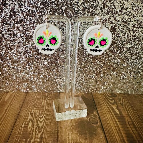 Neon Sugar Skull Polymer Clay Earrings