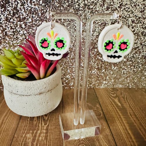 Neon Sugar Skull Polymer Clay Earrings
