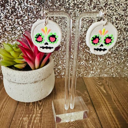 Neon Sugar Skull Polymer Clay Earrings