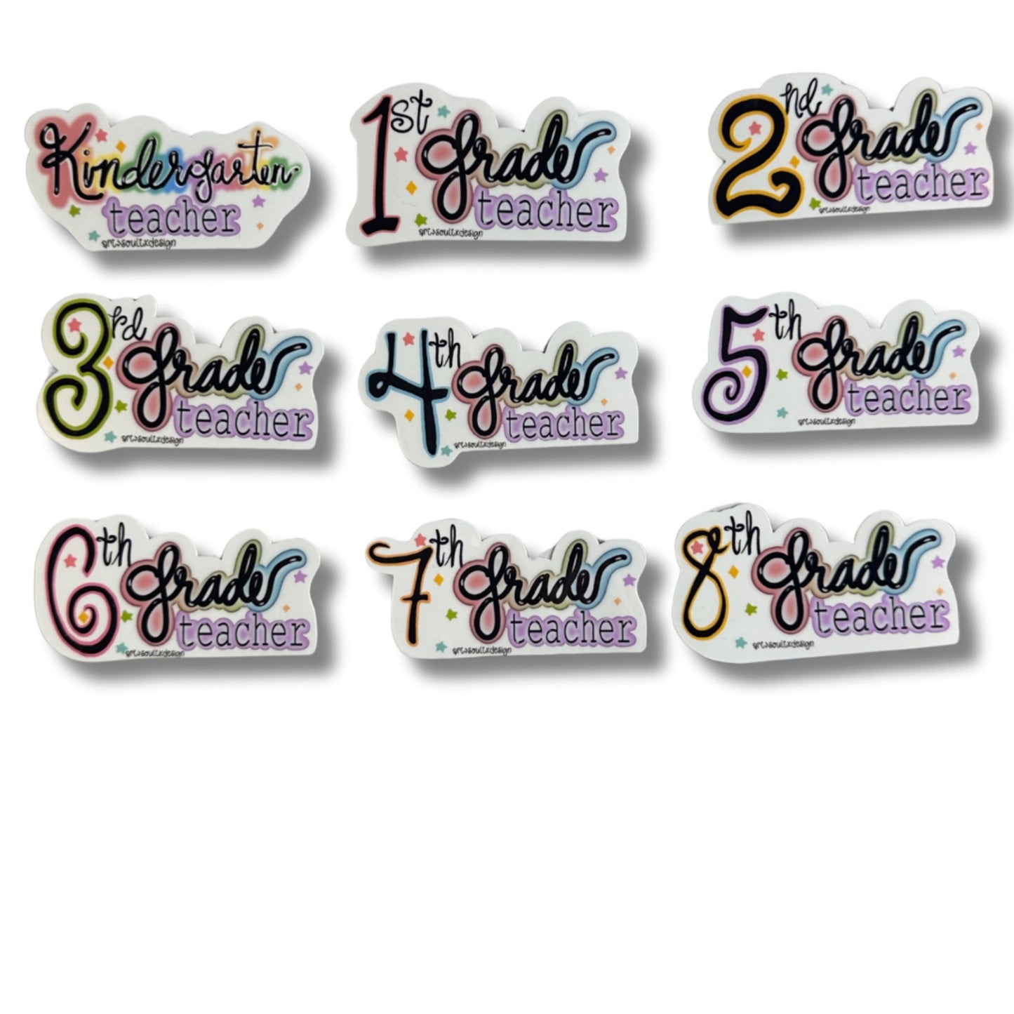 Teacher grade level vinyl stickers on white background showing bold cute font with colorful highlights, Kindergarten through Eighth Grade.
