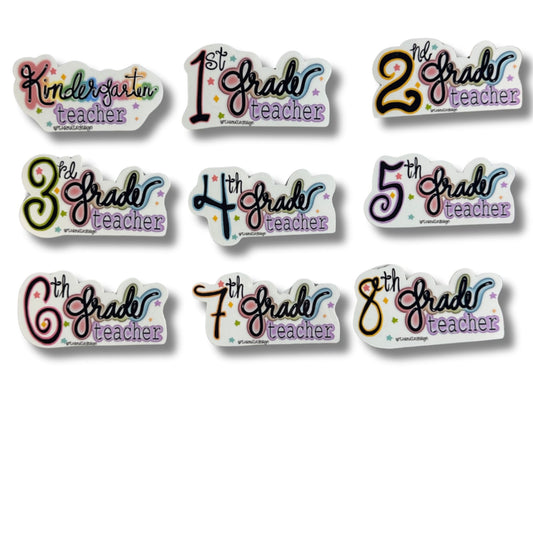 Teacher grade level vinyl stickers on white background showing bold cute font with colorful highlights, Kindergarten through Eighth Grade.
