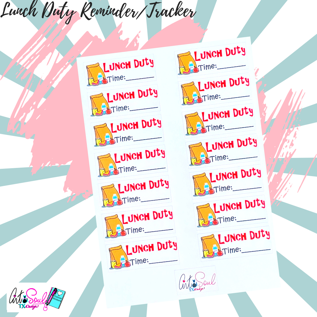 Colorful lunch duty teacher planner sticker sheet on radial background showing food-themed duty reminders.