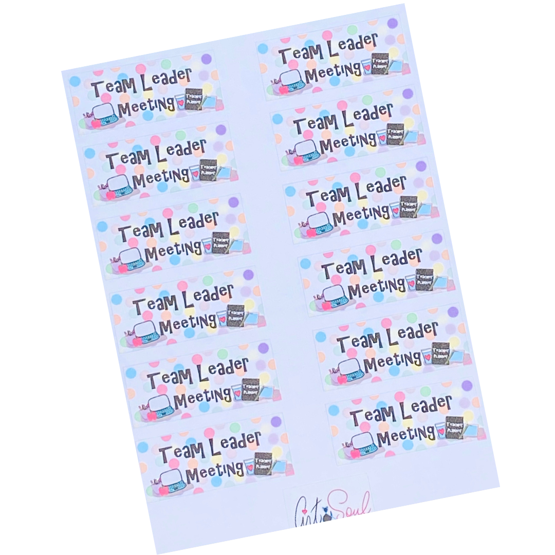 Team Leader Meeting planner stickers sheet with polka dots and teacher supplies, hand-drawn design, 12 stickers.
