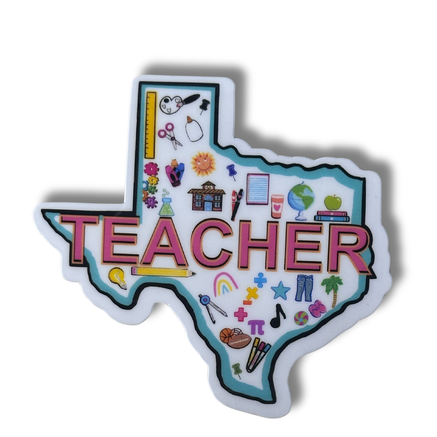 A colorful vinyl sticker with the word 'TEACHER' and Texas state outline, featuring various school-related icons and hand-drawn elements.