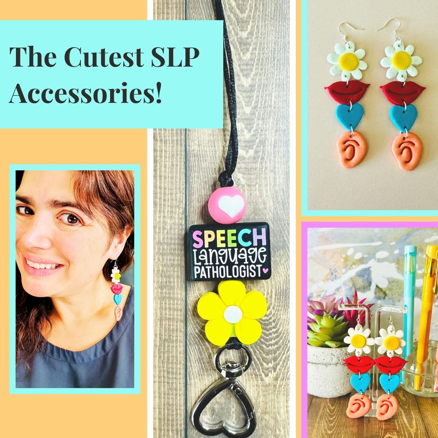 Collage of colorful speech therapy accessories with a woman wearing the earrings.