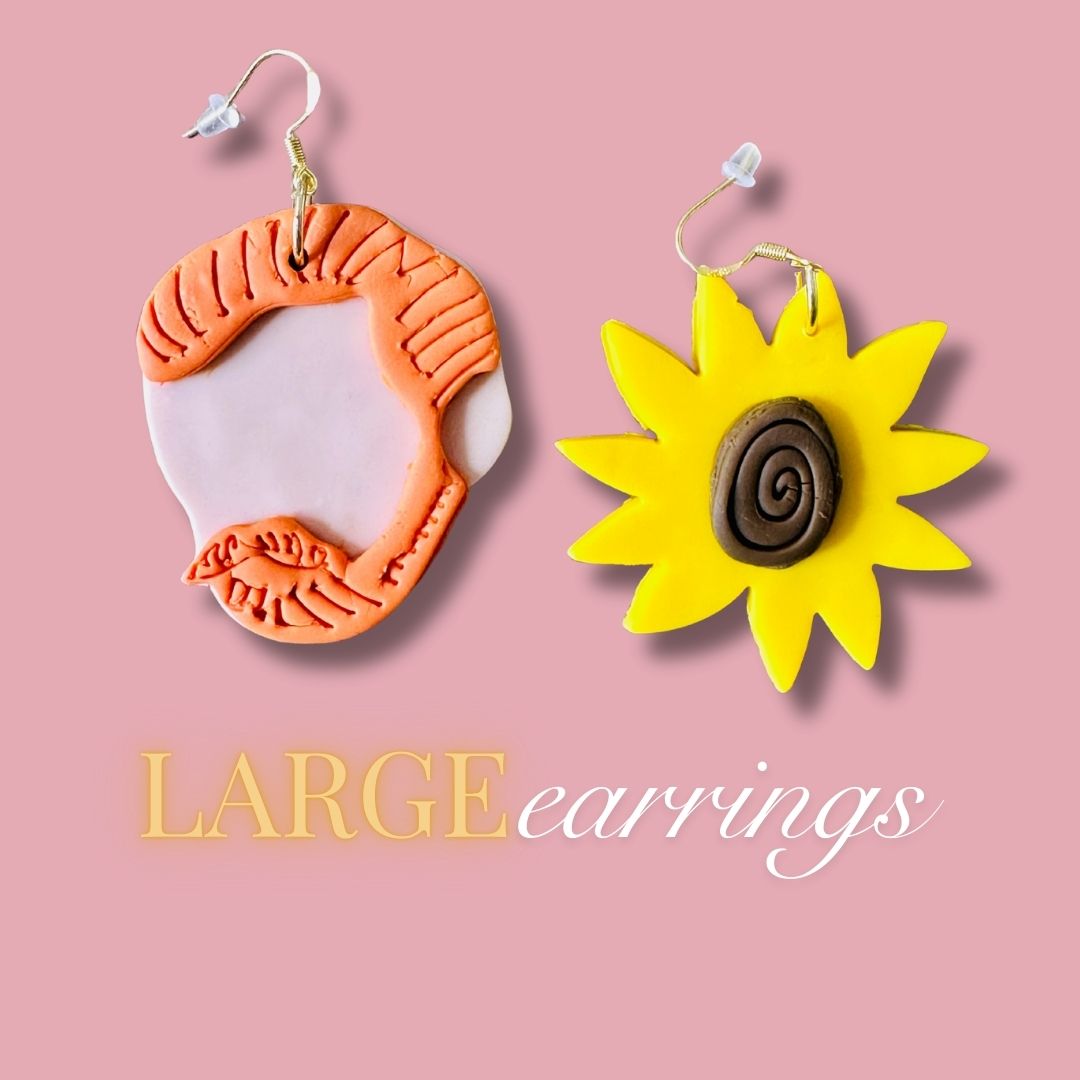 Two large earrings, one Van Gogh Silhouette, the other a yellow sunflower, on a pink background with 'LARGE earrings' text.