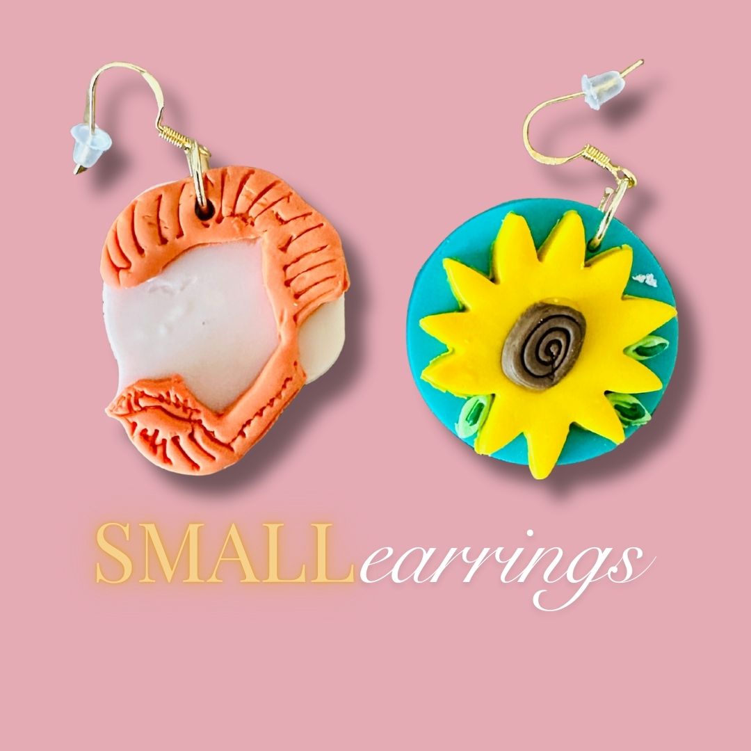 Two small Van Gogh earrings on a pink background with 'SMALL earrings' text.